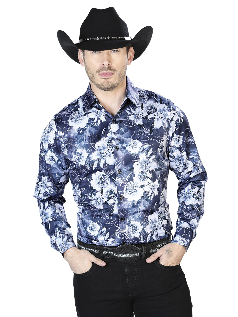 Navy Floral Print Casual Long Sleeve Shirt 43990