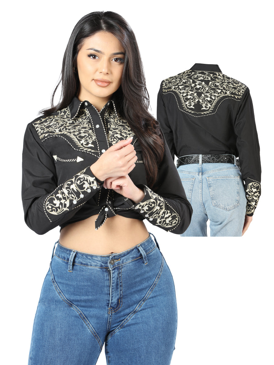 Womens Black Embroidered Western-style Blouse 44190