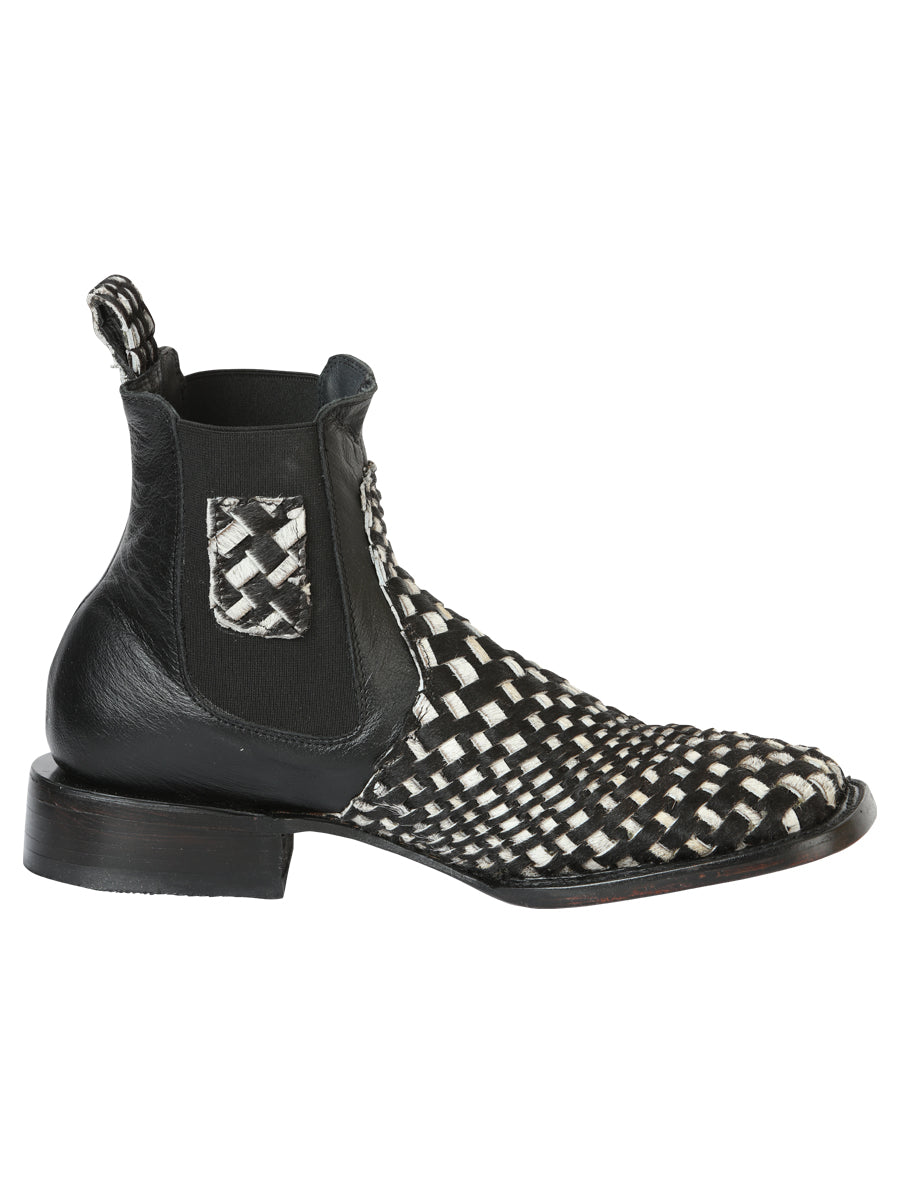 El General Men’s Rodeo Ankle Boots Woven Hair-On Leather - Black/White 45175