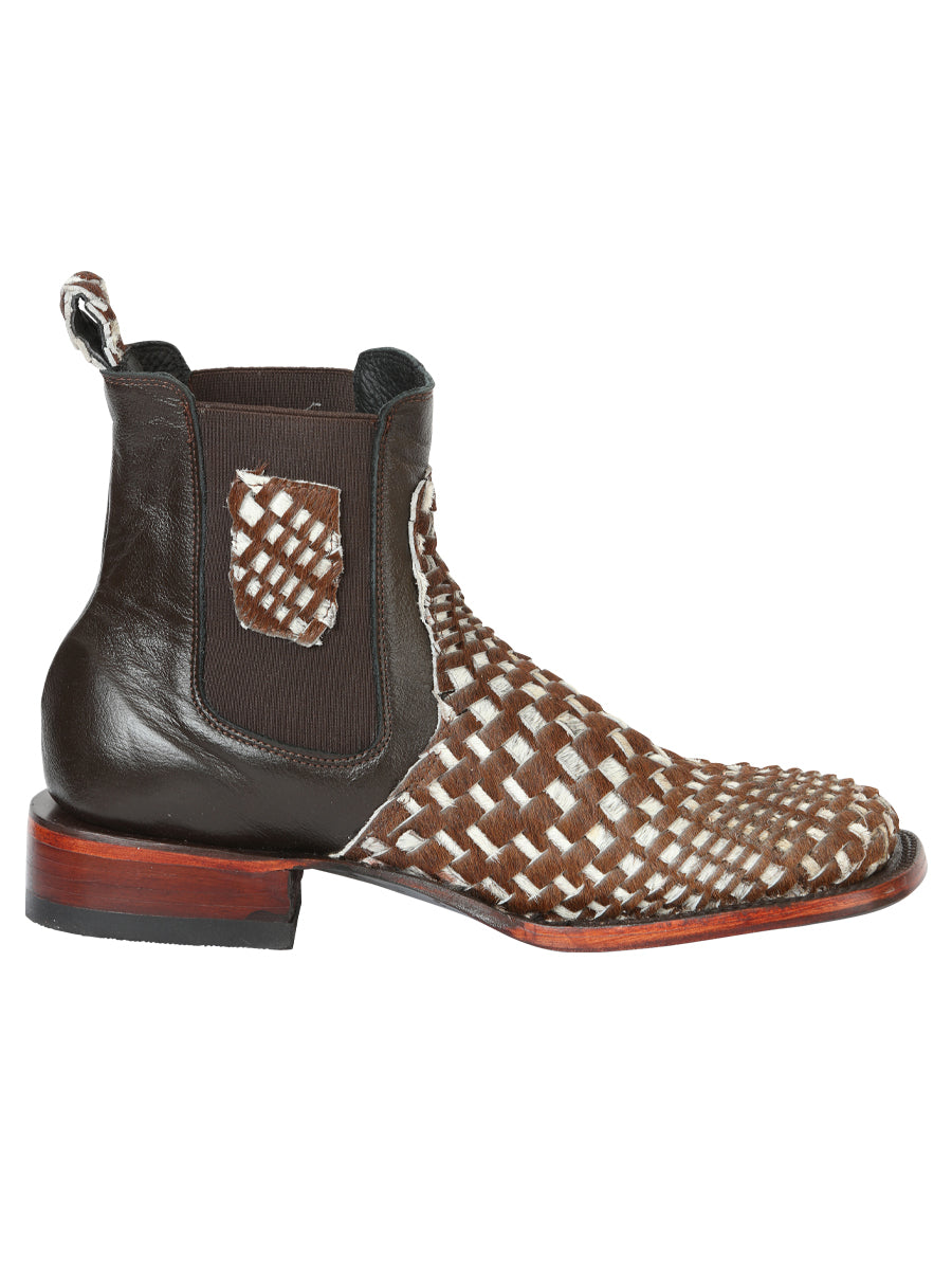 El General Men’s Rodeo Ankle Boots Woven Hair-On Leather - Brown/White 45176