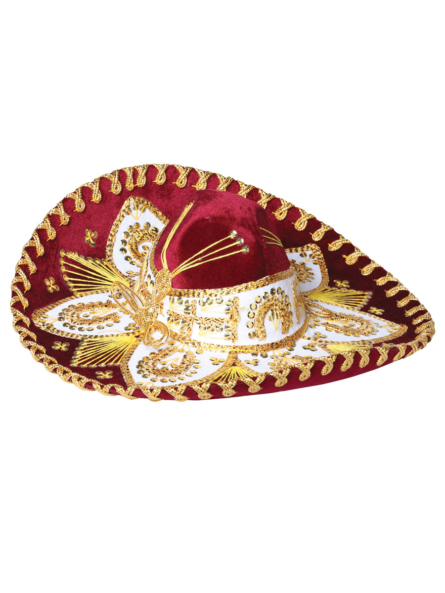 Sombrero Charro Mexicano Juvenil Terciopelo Vino/Dorado 602532