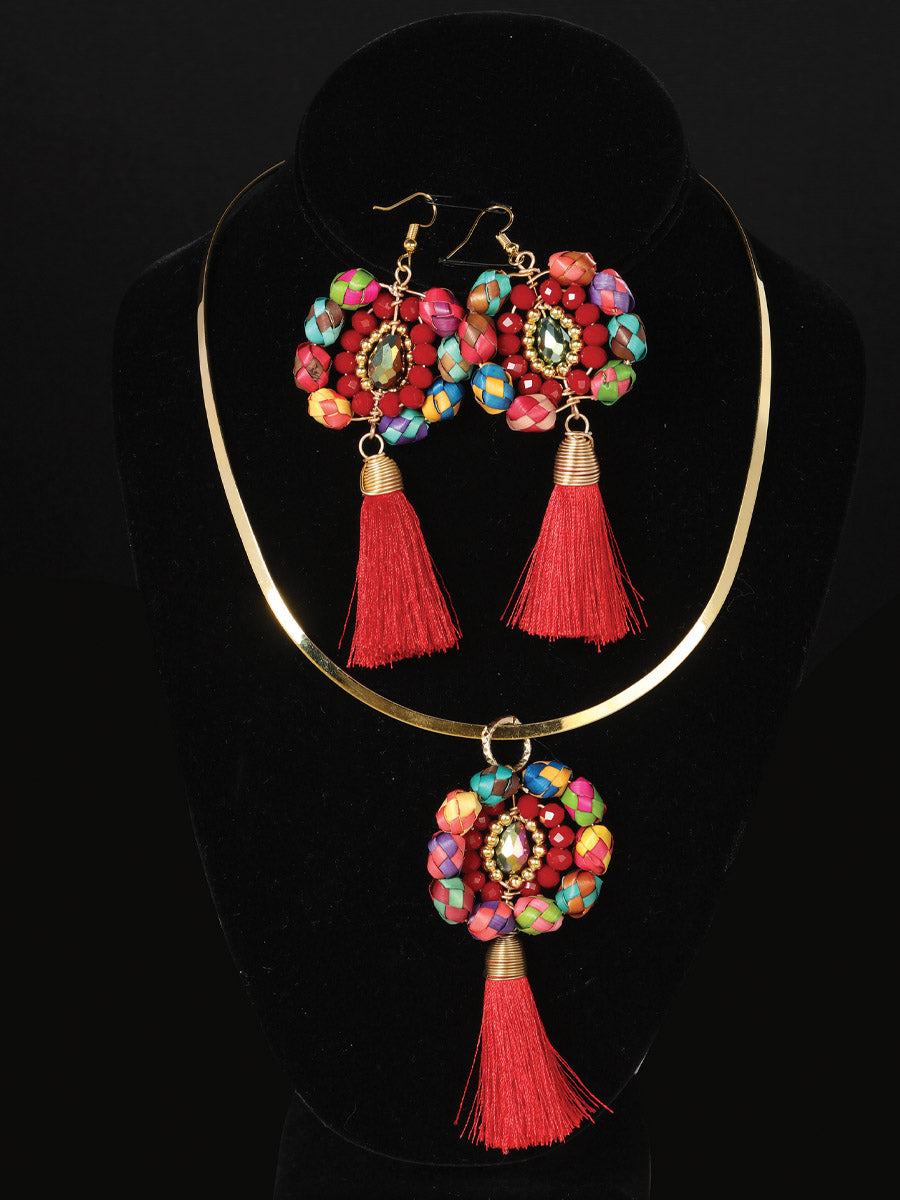 Artisanal Set Earrings-Necklace Palm-Silk Thread Red 603235