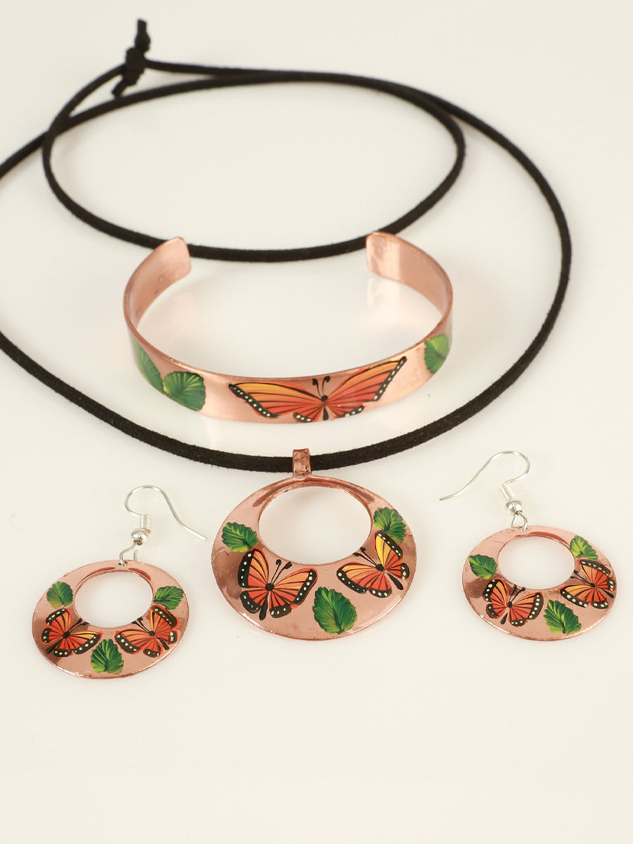 Artisanal Hand Painted Set Earrings-Necklace-Bracelet Copper 603402