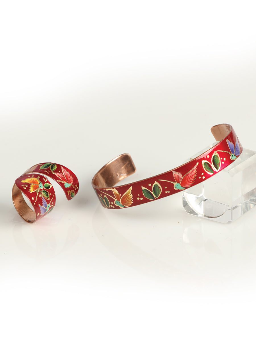 Artisanal Hand Painted Set Bracelet-Ring Copper Red 603439