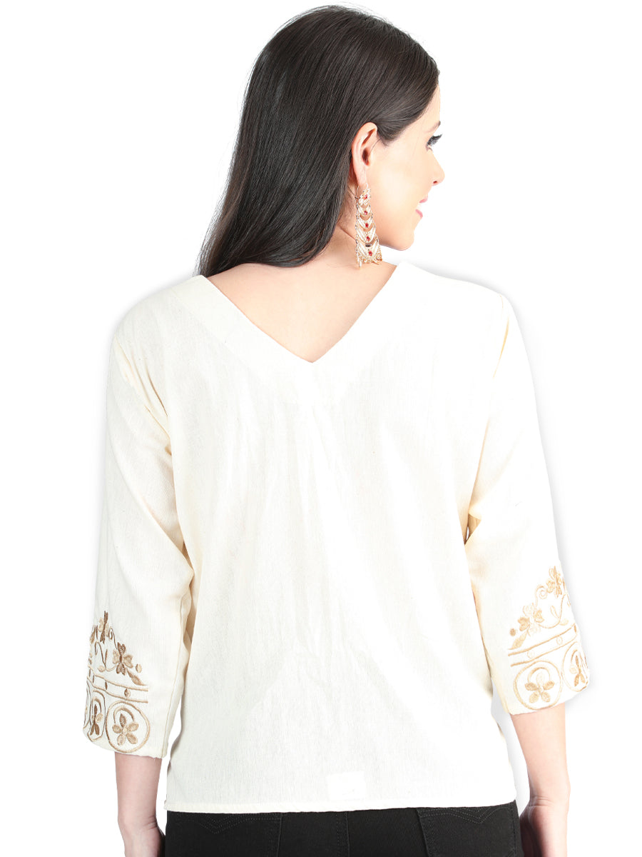 Artisanal Embroidered Blouse 100% Cotton Beige 603963