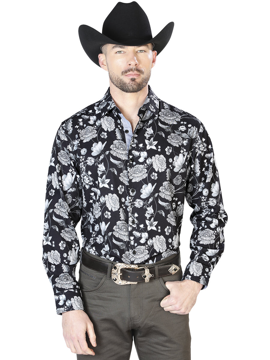 Black Silver Floral Print Casual Long Sleeve Shirt 43720