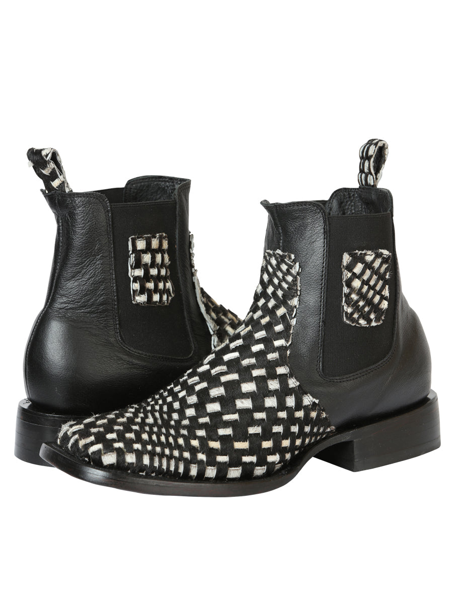 El General Men’s Rodeo Ankle Boots  Woven Hair-On Leather -  Black/White 45175