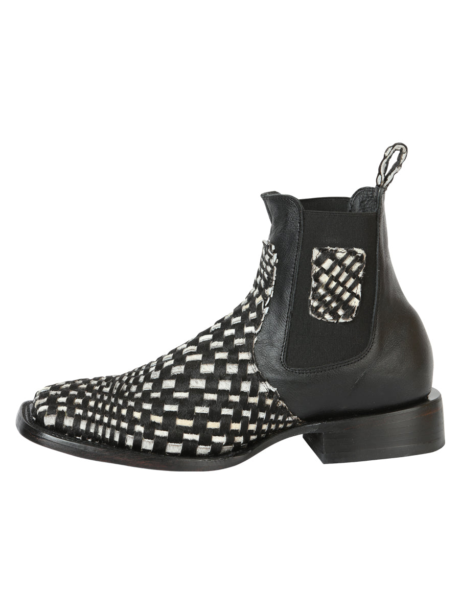 El General Men’s Rodeo Ankle Boots  Woven Hair-On Leather -  Black/White 45175