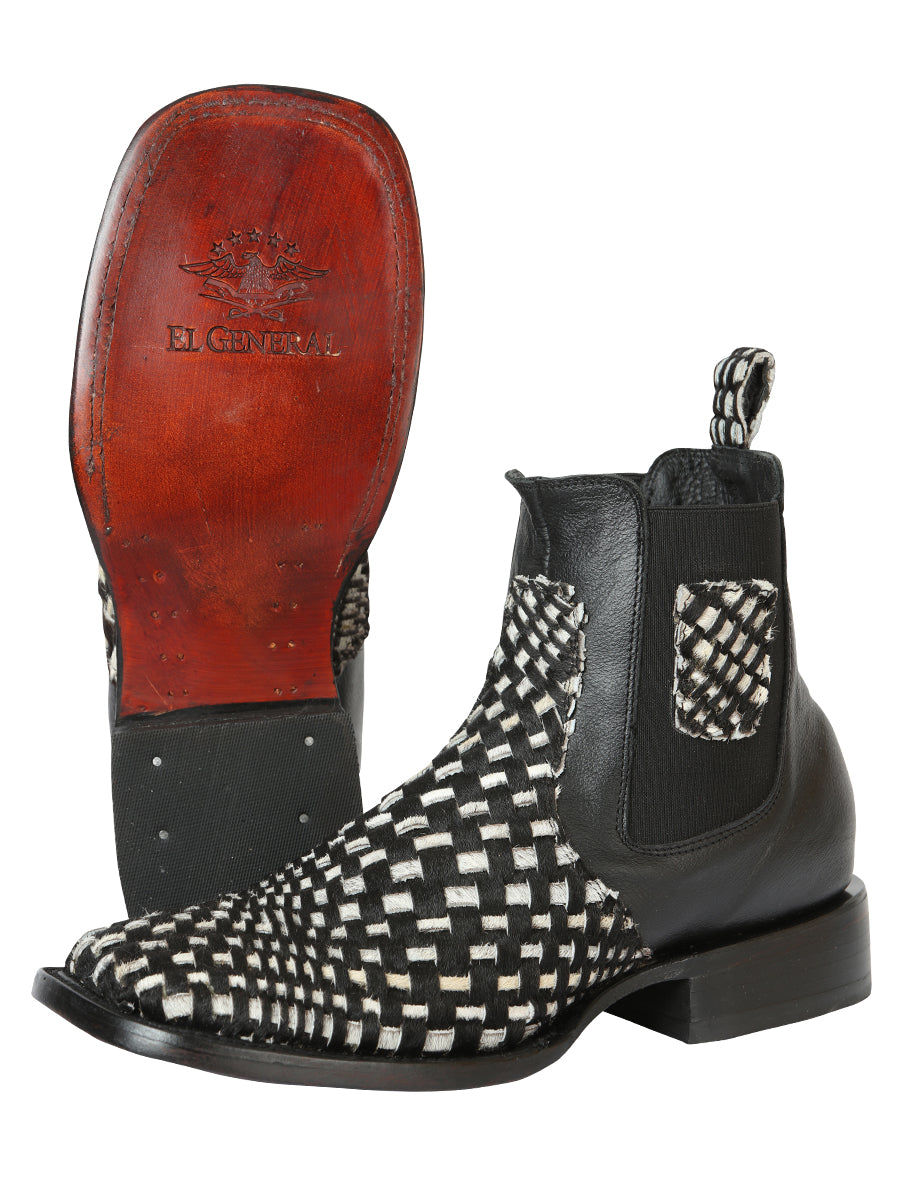 El General Men’s Rodeo Ankle Boots  Woven Hair-On Leather -  Black/White 45175
