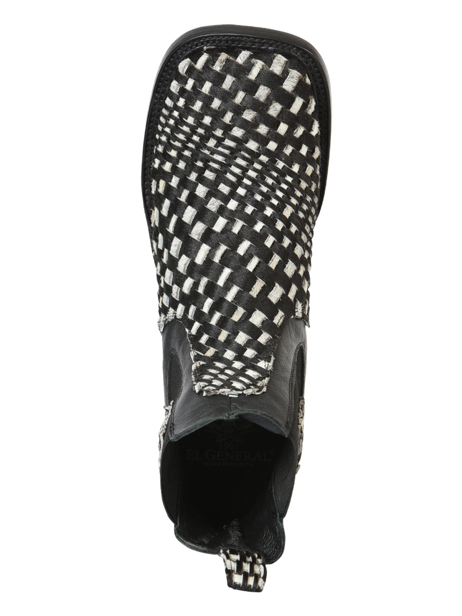 El General Men’s Rodeo Ankle Boots  Woven Hair-On Leather -  Black/White 45175