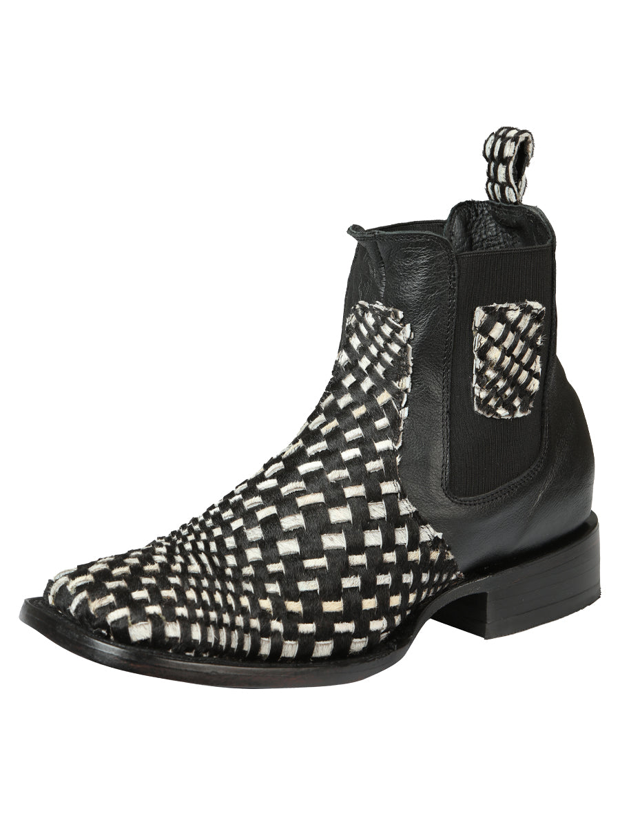 El General Men’s Rodeo Ankle Boots  Woven Hair-On Leather -  Black/White 45175