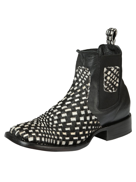 El General Men’s Rodeo Ankle Boots  Woven Hair-On Leather -  Black/White 45175