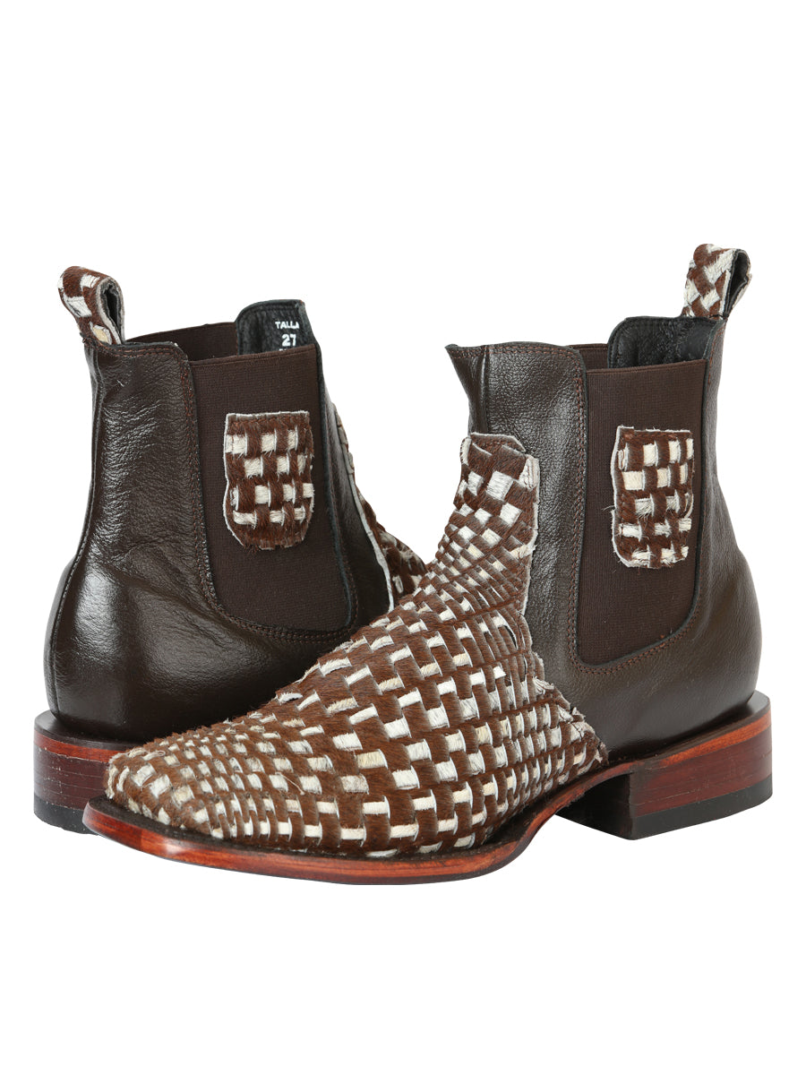 El General Men’s Rodeo Ankle Boots  Woven Hair-On Leather -  Brown/White 45176