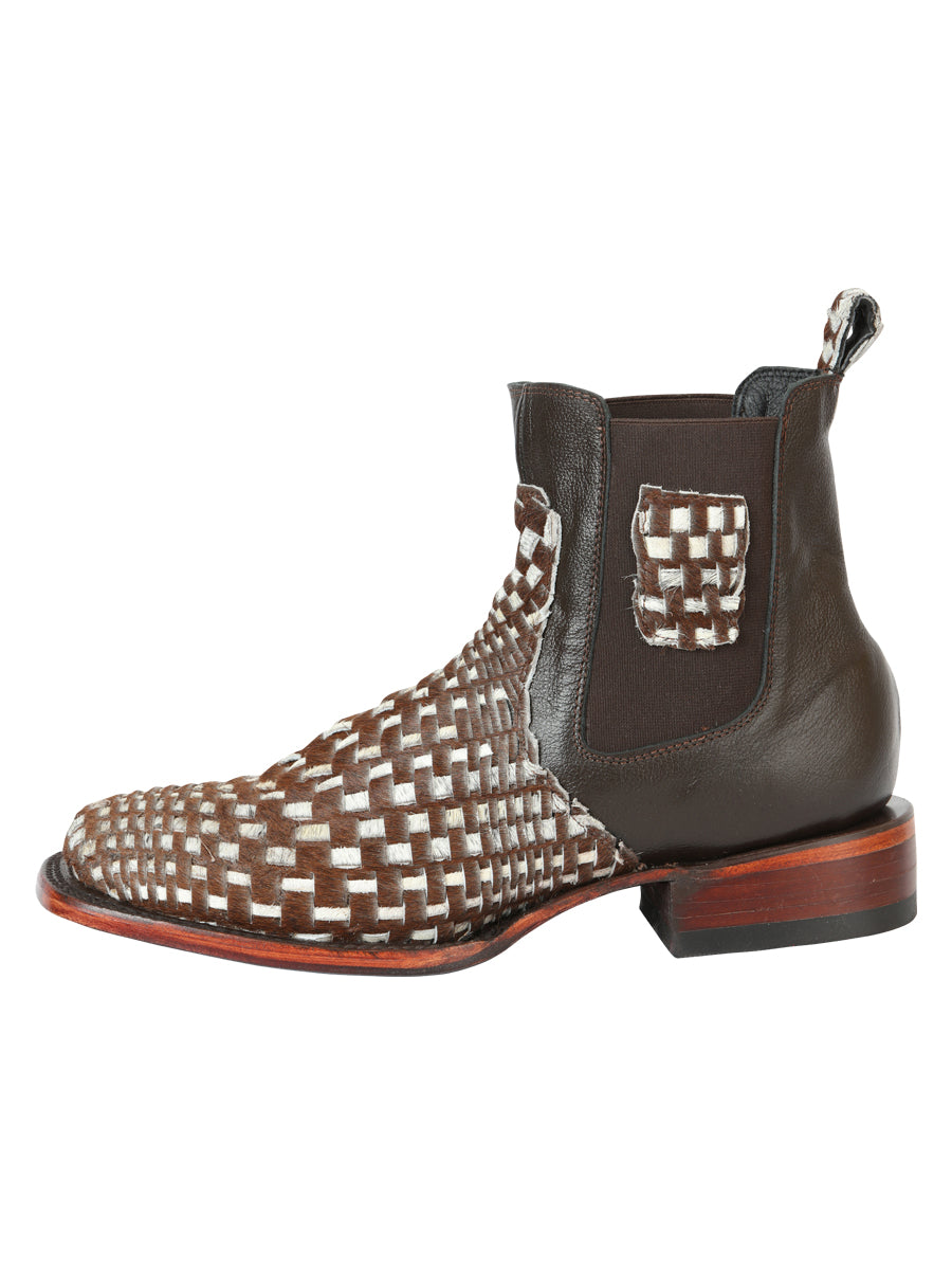 El General Men’s Rodeo Ankle Boots  Woven Hair-On Leather -  Brown/White 45176