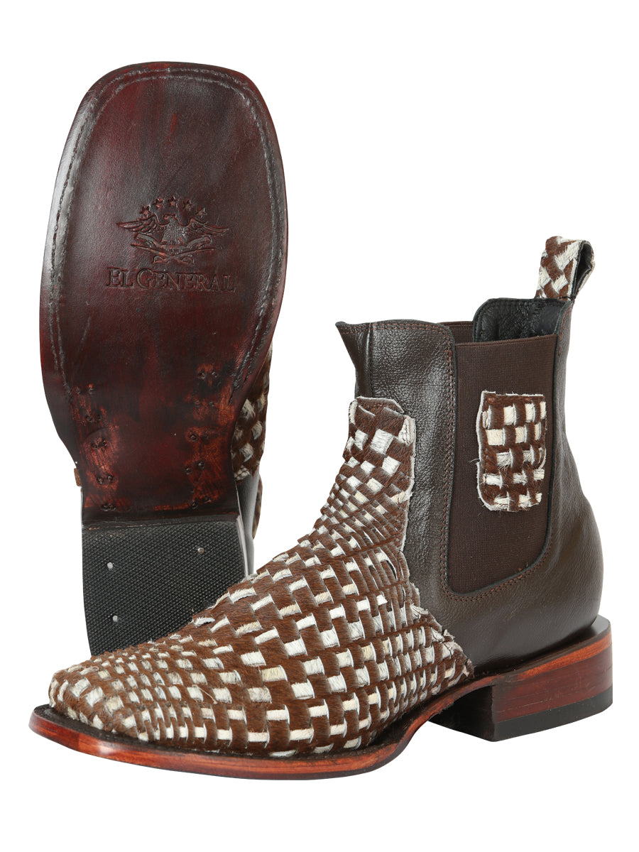 El General Men’s Rodeo Ankle Boots  Woven Hair-On Leather -  Brown/White 45176