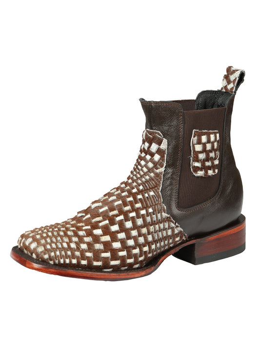El General Men’s Rodeo Ankle Boots  Woven Hair-On Leather -  Brown/White 45176