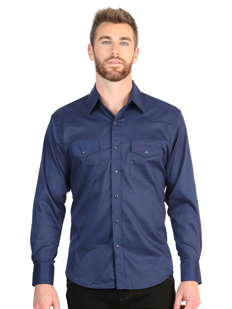 El General Men’s Long Sleeve Western Shirt - Navy Blue Stretch  45616