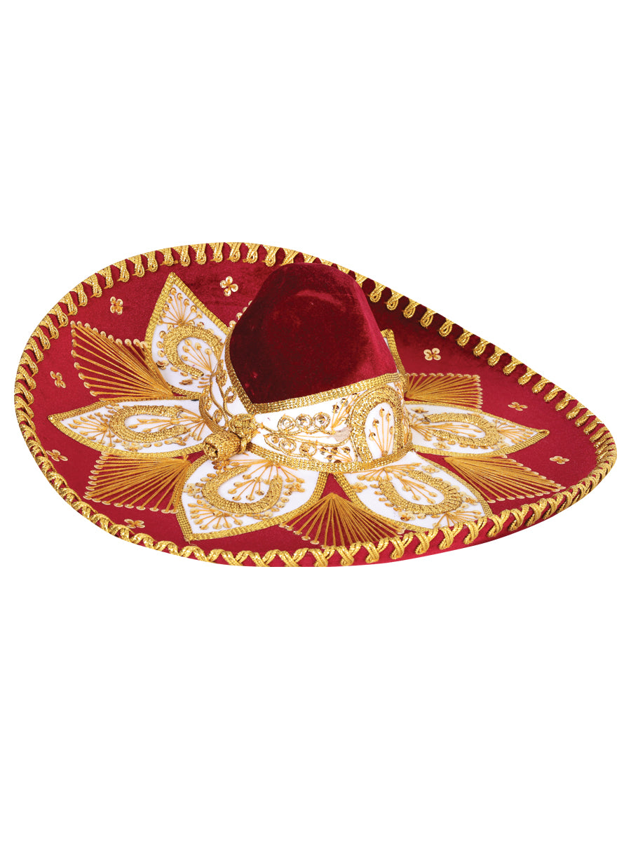 Sombrero de Charro Mexicano para Adulto Terciopelo Vino/Dorado 601775