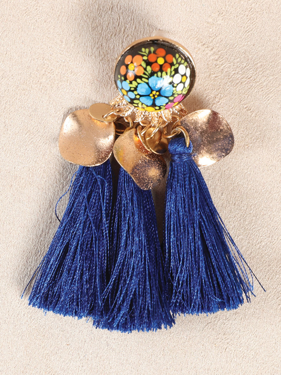 Artisanal Hand Painted Earrings Wood-Silk Thread Royal Blue  602155