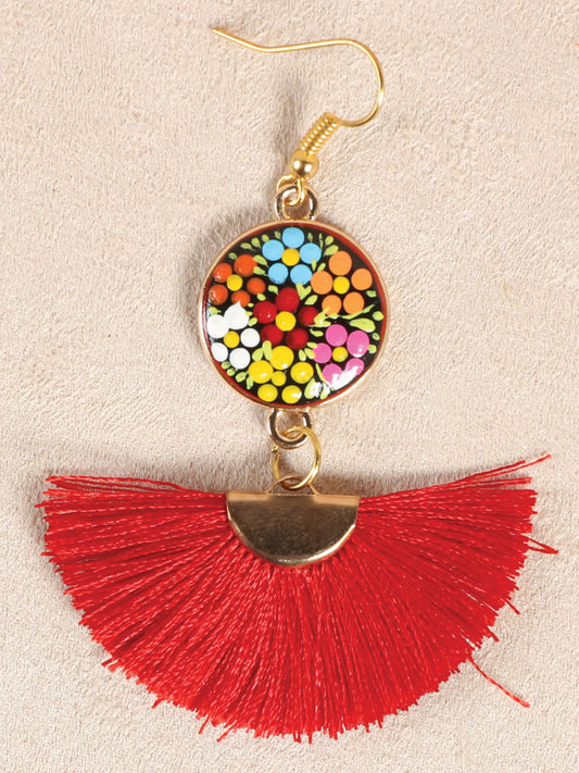 Artisanal Hand Painted Earrings Wood-Silk Thread Red 602178