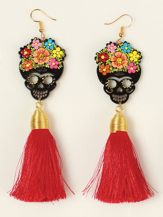 Artisanal Hand Painted Earrings Wood-Silk Thread Red 602941