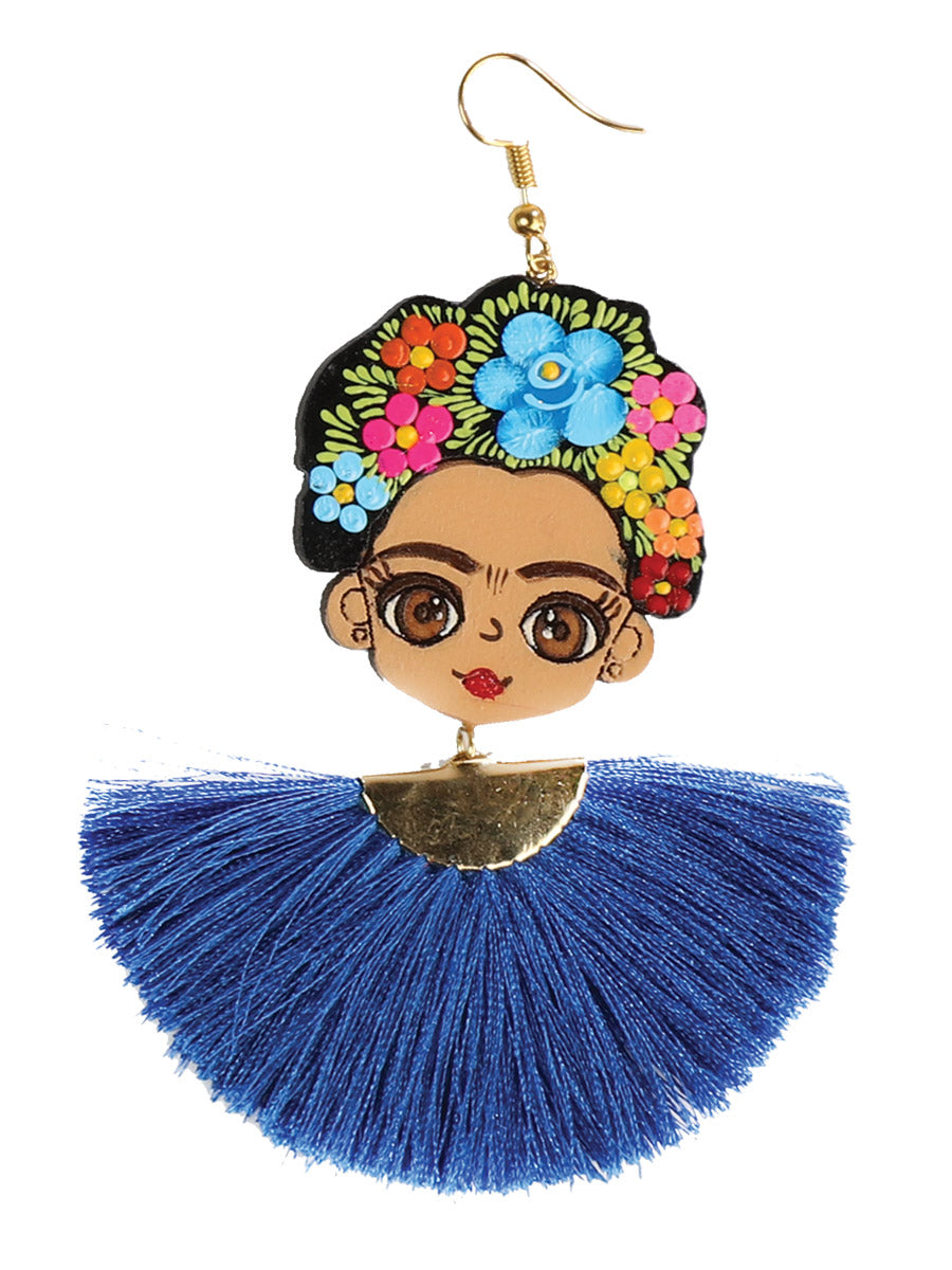 Artisanal Hand Painted Earrings Wood-Silk Thread Royal Blue  602988