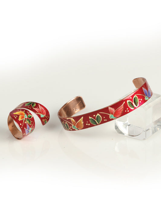 Artisanal Hand Painted Set Bracelet-Ring Copper Red 603439