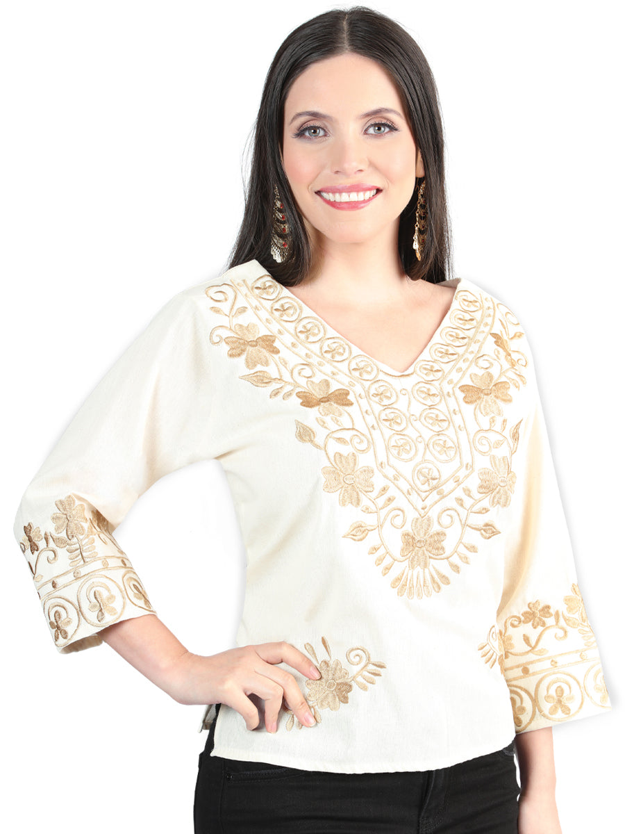 Artisanal Embroidered Blouse 100% Cotton Beige 603963
