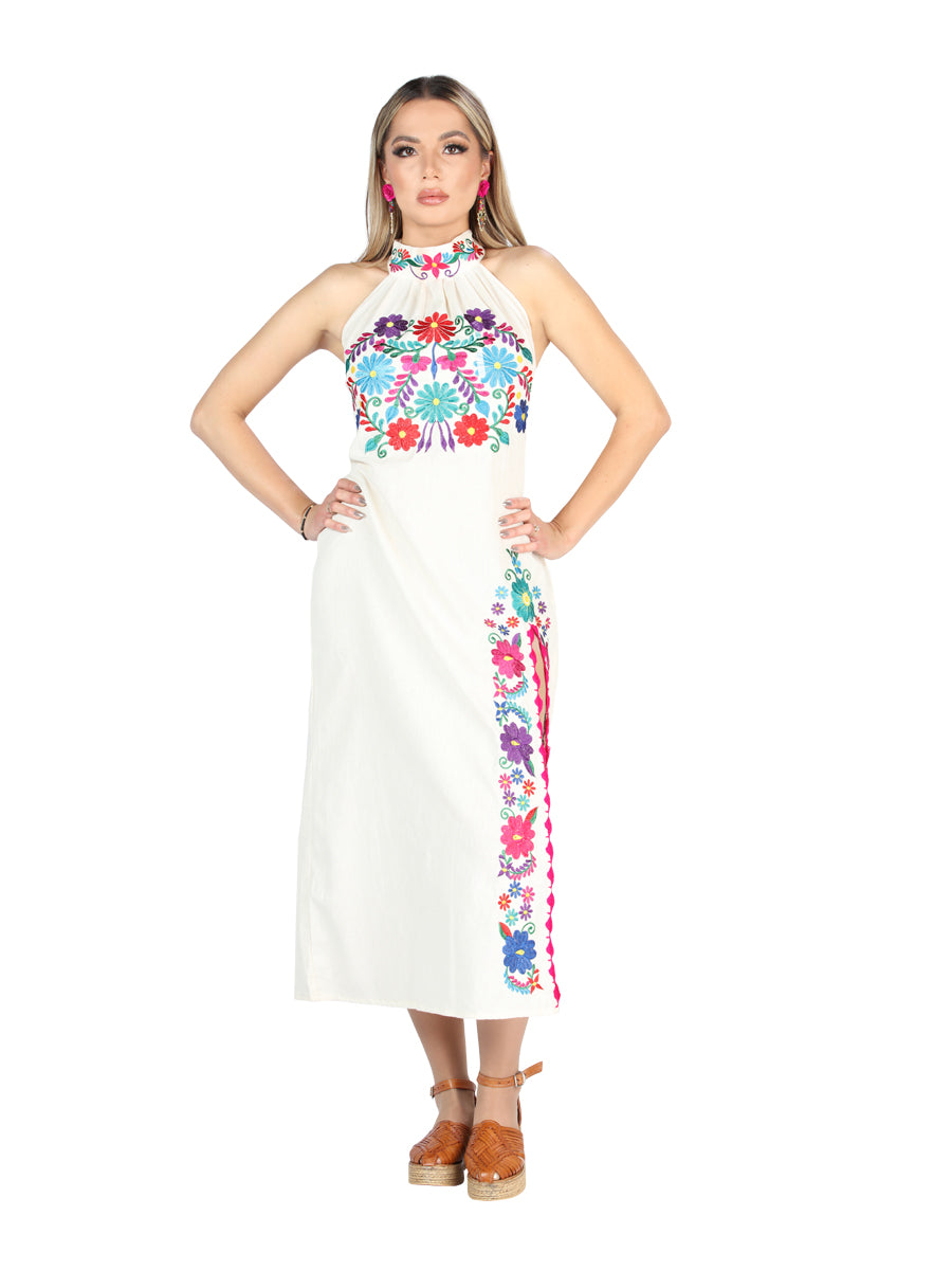 Artisanal Embroidered Dress 100% Cotton Beige 604055